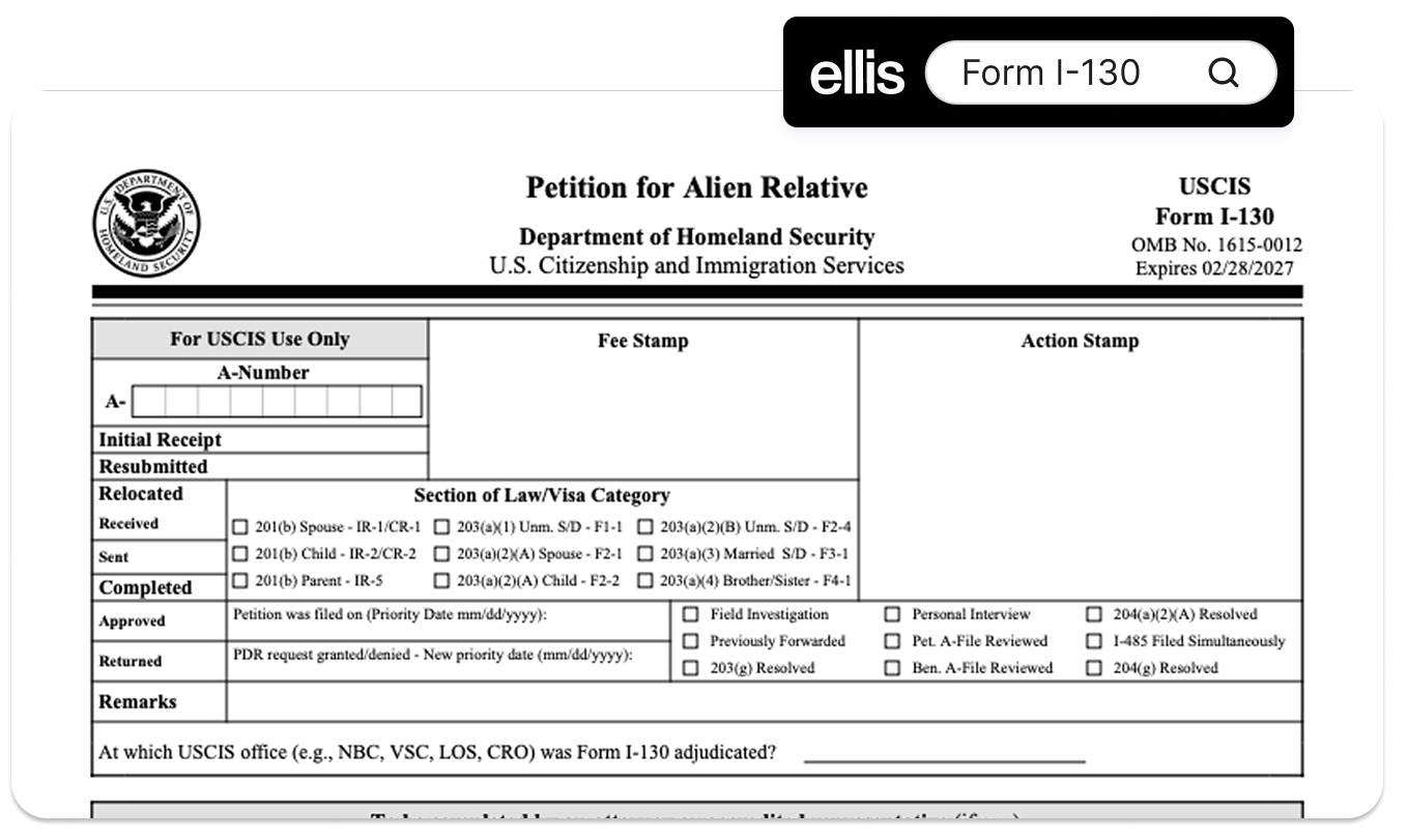 Top of USCIS Form I-130 (Petition for Alien Relative), showing the Department of Homeland Security header, the "For USCIS Use Only" section with the A-Number field, receipt and status stamps, and Section of Law / Visa Category checkboxes for IR-1/CR-1, IR-2/CR-2, IR-5, F-1, F-2, F-3, and F-4 family-based categories.