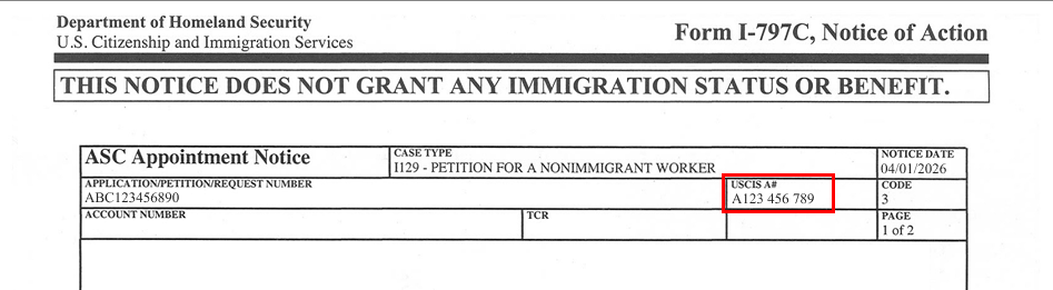 Where to find alien number on 1-797 form, under "a-number" in top right corner