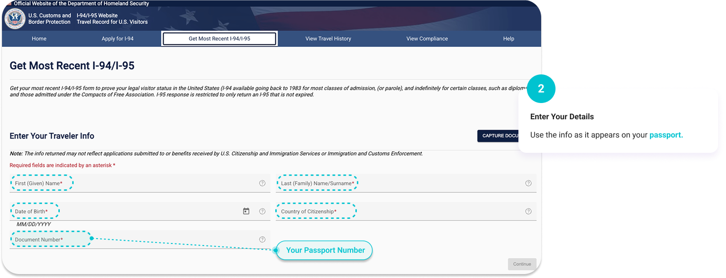Step 2: Enter traveler details — including name, date of birth, country of citizenship, and passport number — on the CBP I-94 lookup form