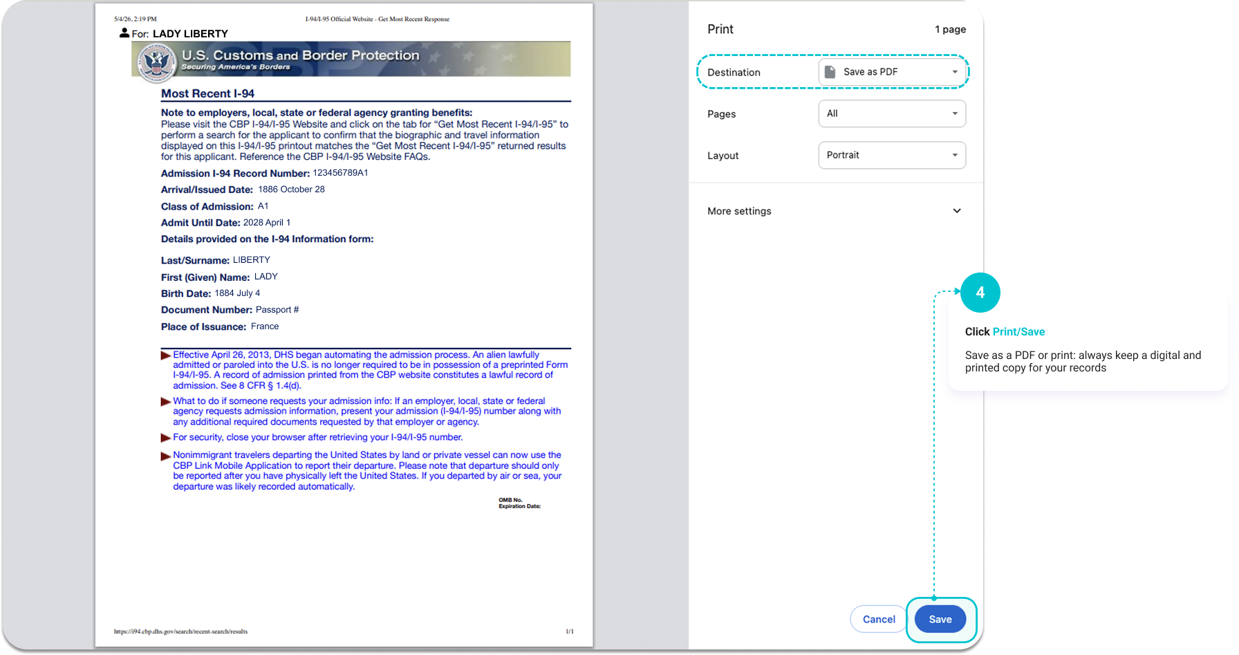 Step 4: Save your I-94 record as a PDF using the browser print dialog on the CBP I-94/I-95 official website