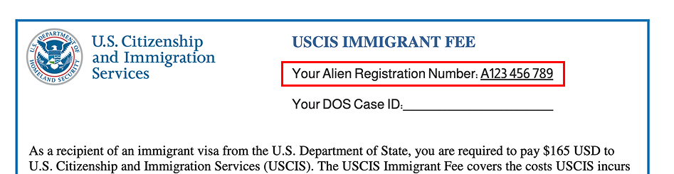 where to find alien registration number on USCIS immigrant fee handout, top right corner of page
