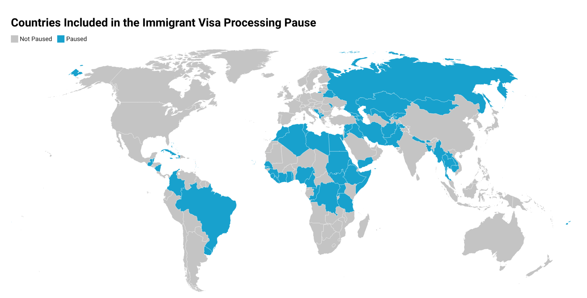 Chart showing which nationalities are affected by the U.S. immigrant visa processing pause effective January 21, 2026.